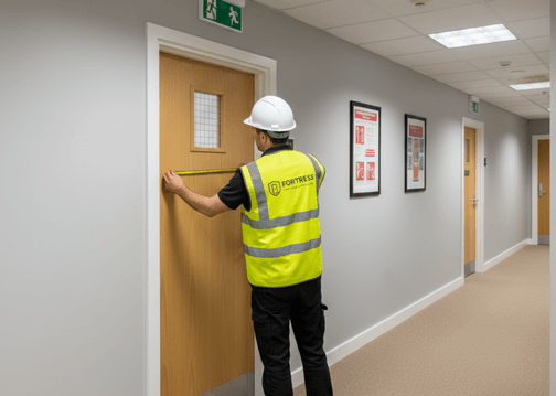 Fire door being installed